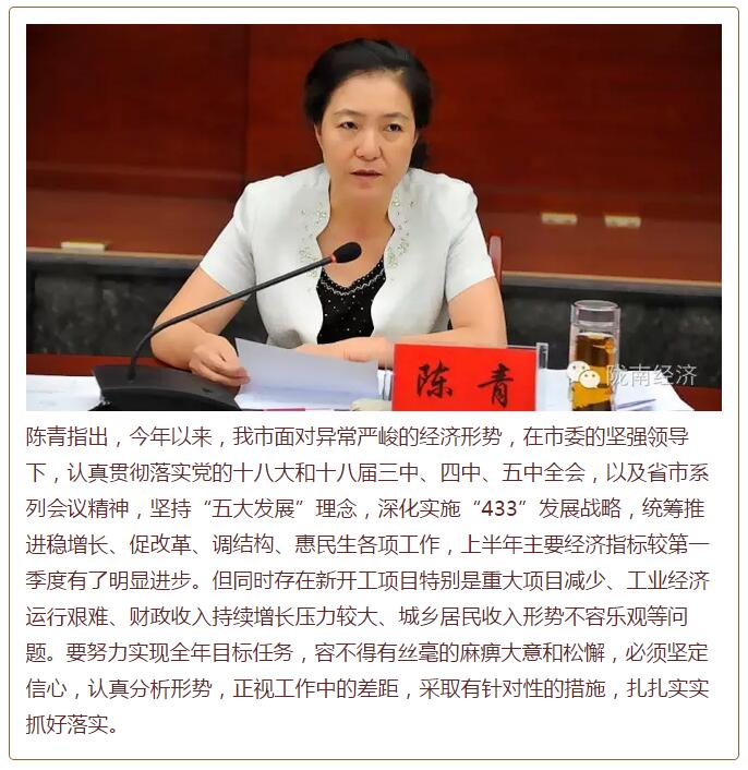 陳青在市政府全體會(huì)議上強(qiáng)調(diào)：緊盯一個(gè)目標(biāo)抓好九大任務(wù)落實(shí)強(qiáng)化三項(xiàng)保障，確保全市經(jīng)濟(jì)社會(huì)持續(xù)快速發(fā)展